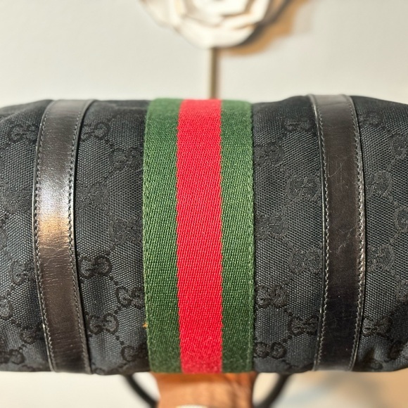 Gucci Black Canvas Monogram Sherry Stripes Boston Bag - Picture 9 of 13